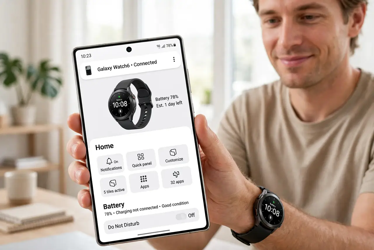 a person wearing a real Samsung Galaxy Watch, holding a real Samsung phone showing the Galaxy Wearable app with legible text, the person's face pleased, brig...