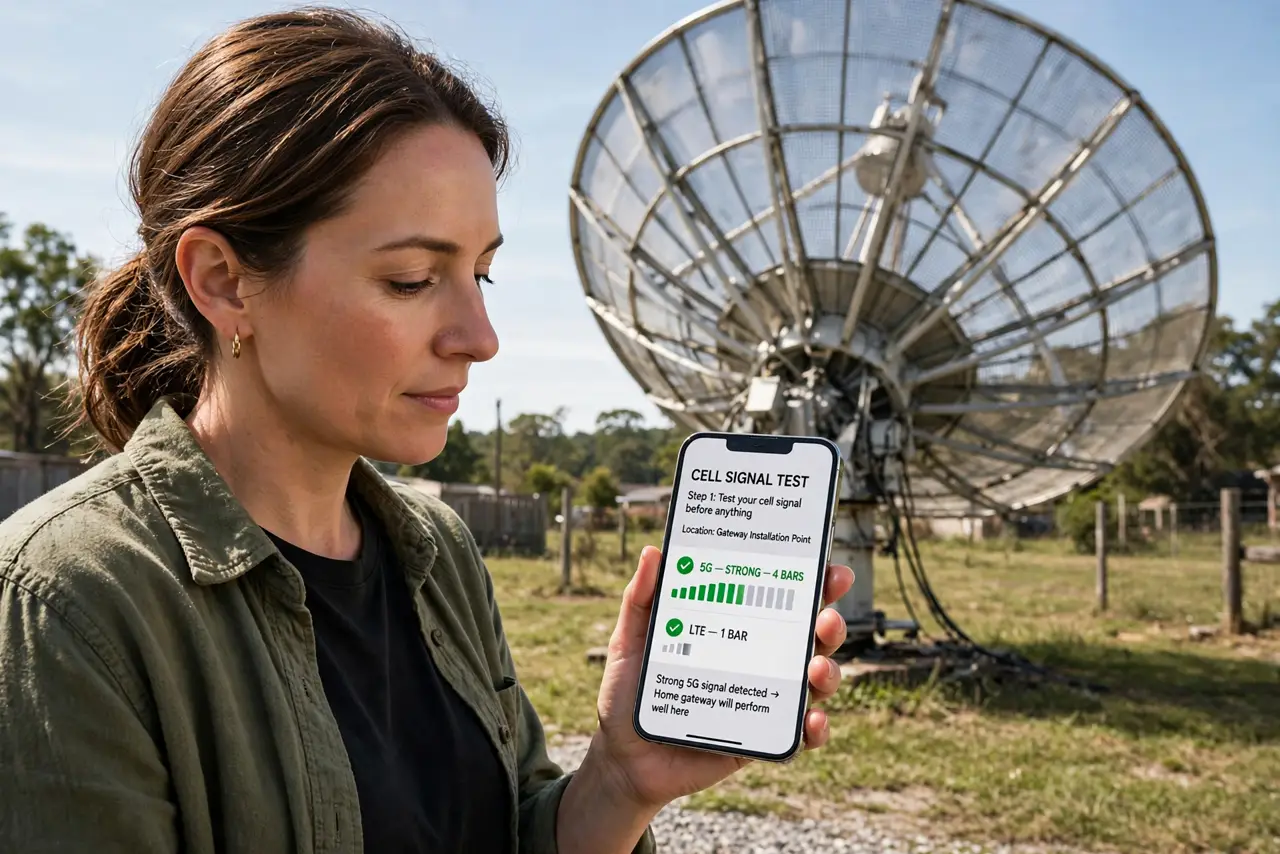 A person performing step 1: Test your cell signal before anything. Put your phone where the gateway would sit and check the signal. Strong.