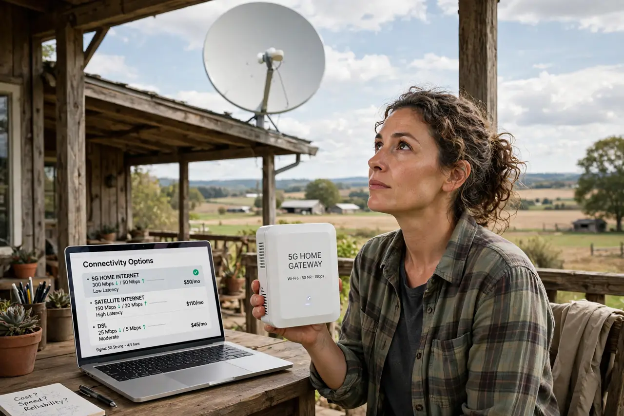 A person on a rural porch looking at a small satellite dish on the roof and holding a real 5G home gateway box, a laptop open on a.