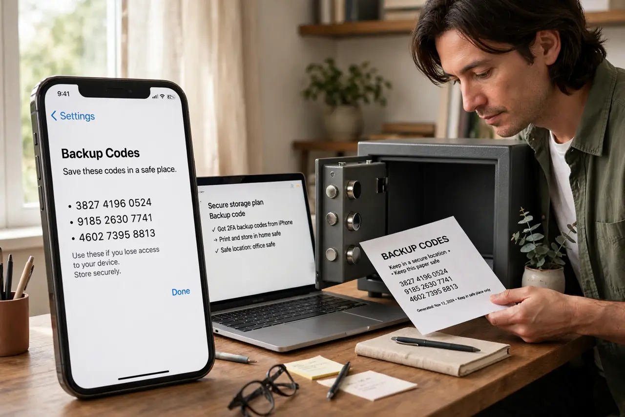 a person storing printed backup codes in a real home safe next to a phone and laptop, the person's face calm and prepared, home office.