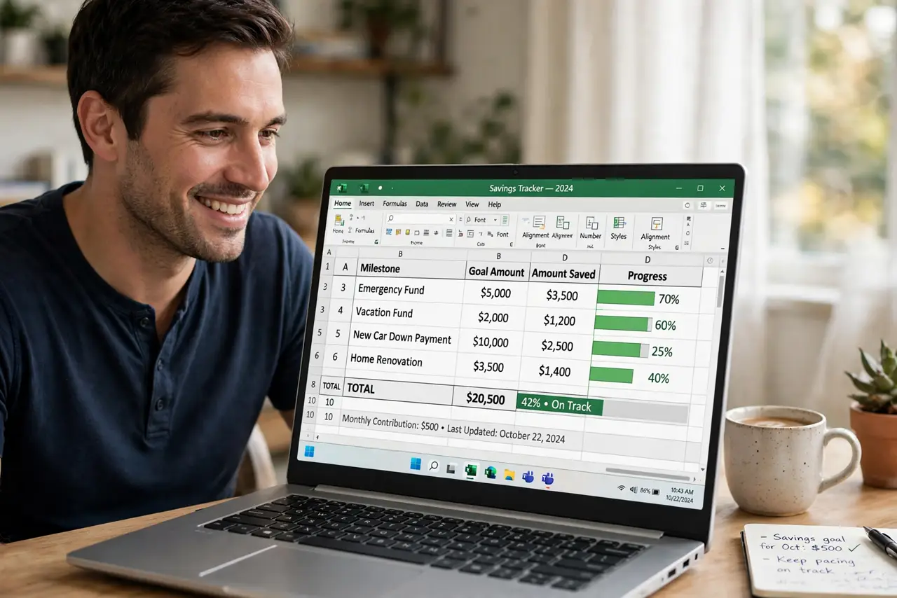 a calm adult at a desk with a real Windows laptop, a savings tracker spreadsheet open showing normal milestone rows with legible amounts and a progress bar, the person smiling at the screen