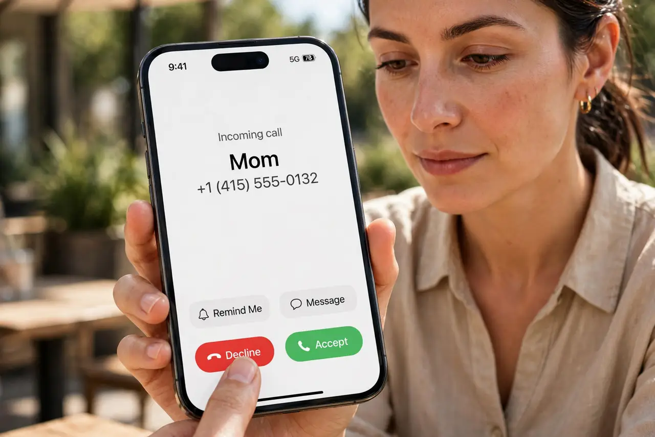 a calm adult holding a real iPhone showing an incoming call screen with a local-looking number and legible text, the person declining the call calmly