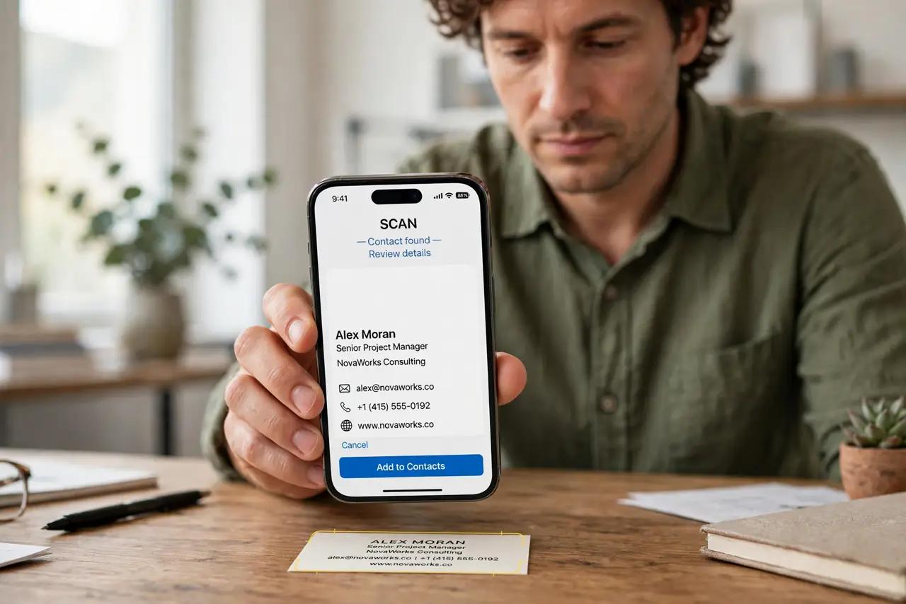 a calm adult holding a real iPhone over a normal business card on a desk, the scan frame visible on screen with legible card text, the person holding the phone steady