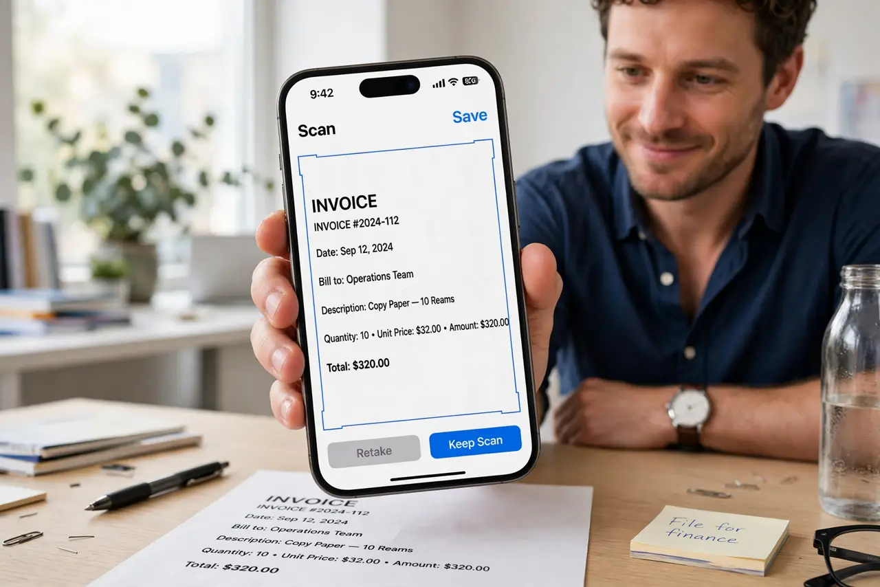a person holding a real phone over a paper document on a desk, the screen showing a legible scan preview with edge detection, the person's face pleased, bright office.