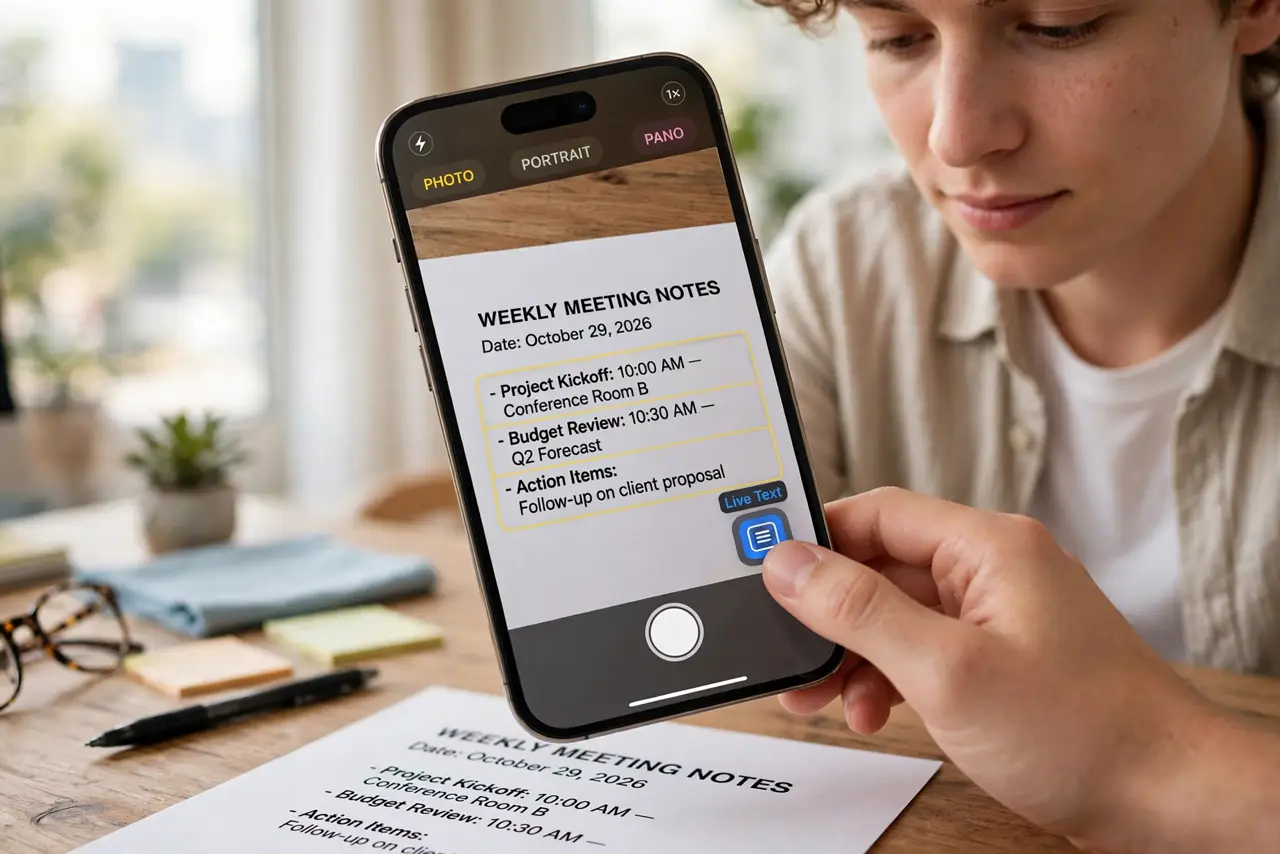 Photoreal photo of a person performing the first step: Use the built-in capture — no new app. iPhone: point the camera and tap the Live Text icon. ...