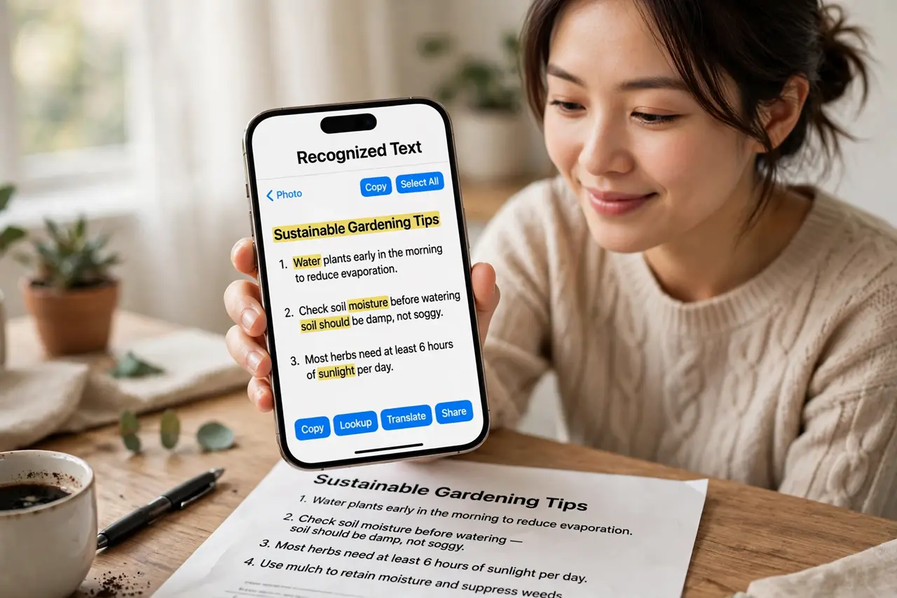 Photoreal photo: a person holding a real phone over a printed page, the phone screen showing recognized text with legible words highlighted, the person's face pleased, desk with good light. No black screen, no blan...
