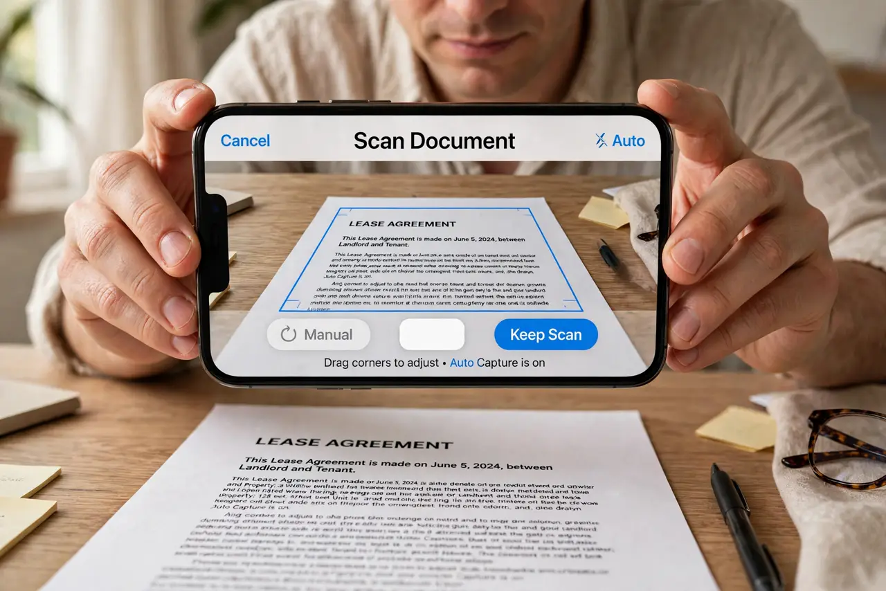 Scan to PDF With Your Phone, Straight — a calm adult scanning a paper document with a phone held flat above it on a desk, the phone screen showing the