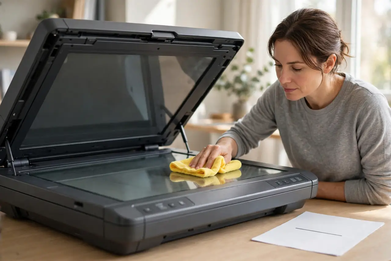 A calm adult wiping a real flatbed scanner's glass with a microfiber cloth, the scanner lid open, a scanned page with a line visible beside it.
