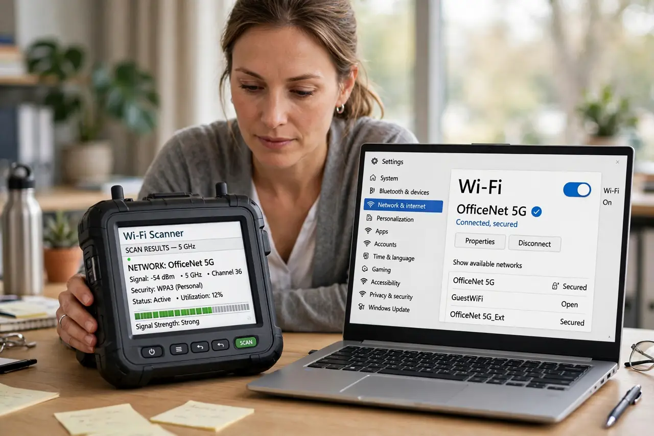 A focused woman confirming the scanner and computer use the same Wi-Fi network name.