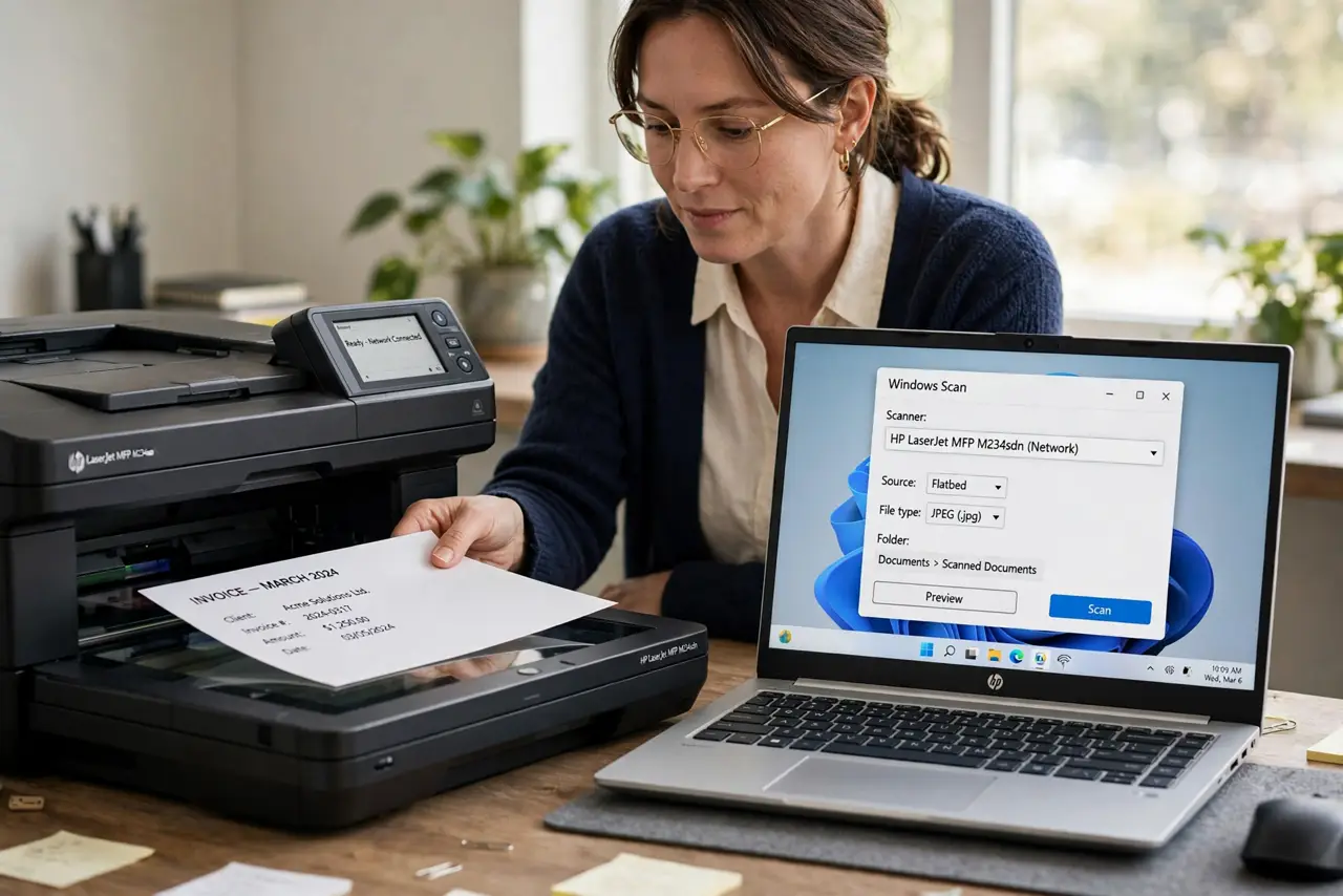 A calm woman placing a document on a network scanner beside a Windows laptop.