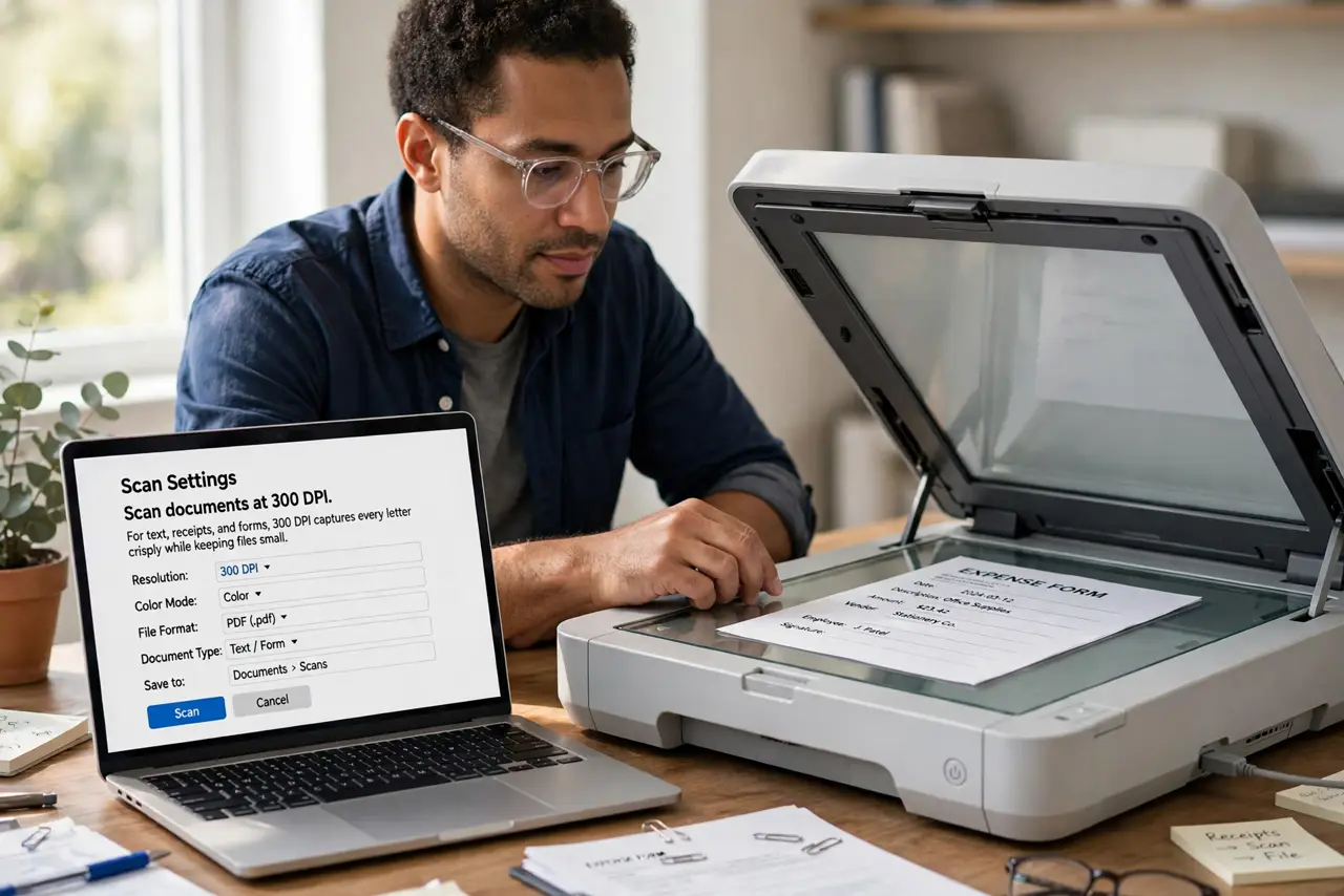 A person performing step 1 of the guide: Scan documents at 300 DPI. For text, receipts, and forms, 300 DPI captures every letter crisply while keeping files small. Higher DPI on...