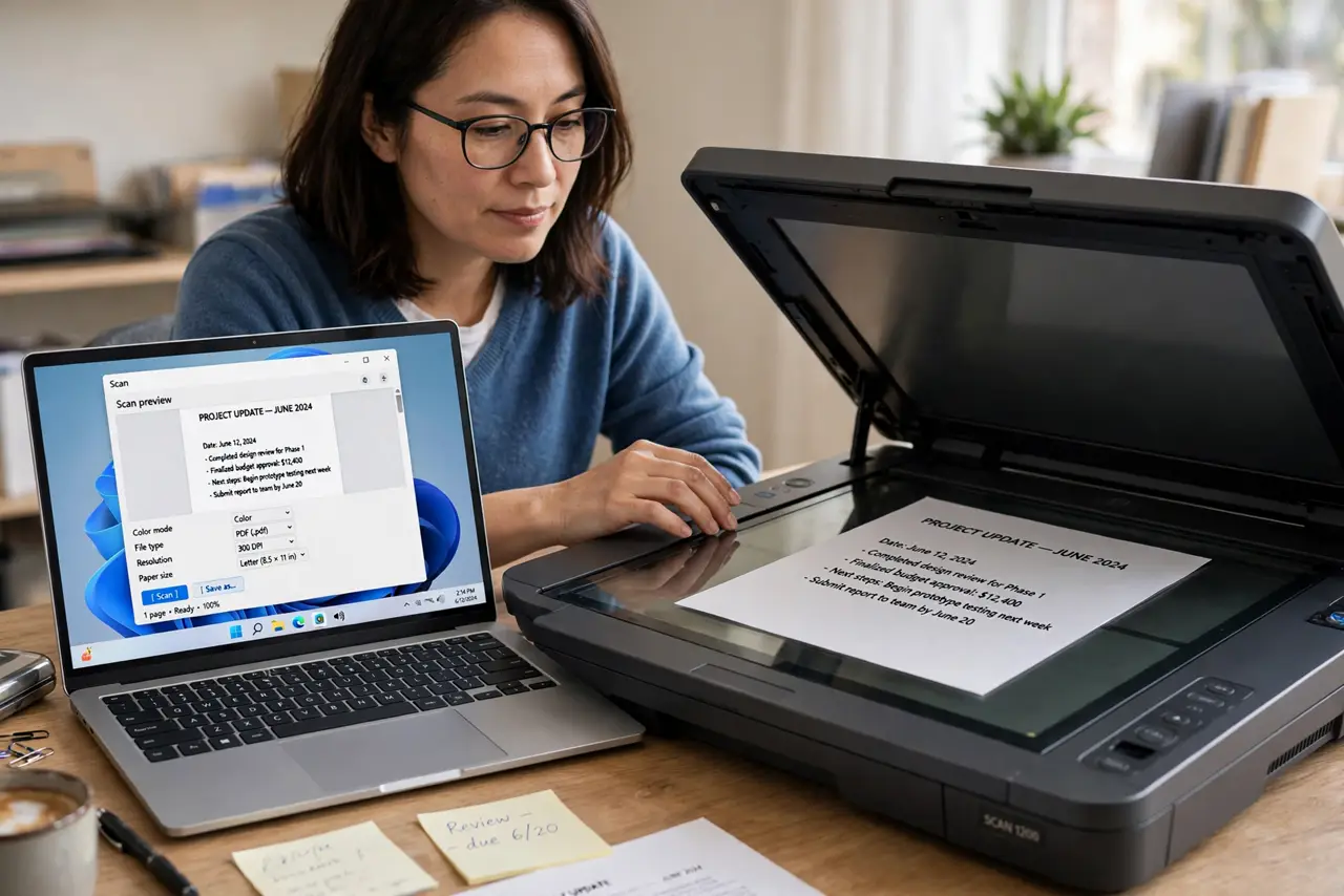 a calm adult using a real flatbed scanner with a document on the glass, the computer screen showing a normal scan preview with legible text, the person adjusting settings