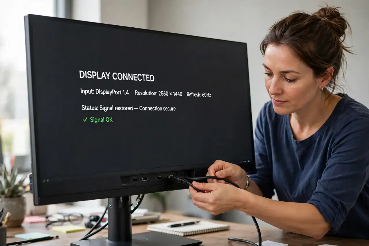 Step 1 in action for Screen Goes Black for Seconds Randomly: Reseat the cable. Unplug the display cable at both ends and plug it back in firmly.