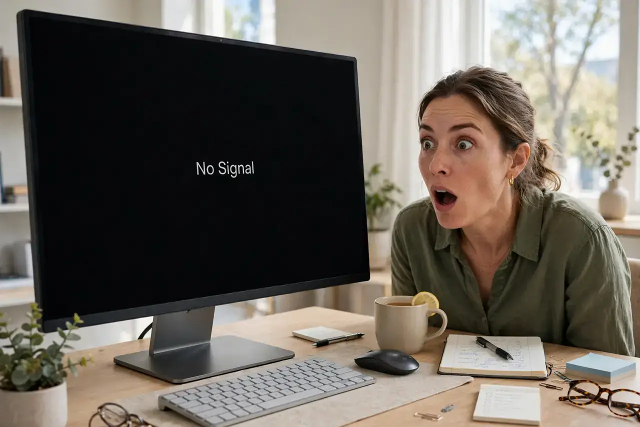 Screen Goes Black for Seconds Randomly — a startled adult at a desk watching a real monitor go black for a moment, the person's face showing surprise,