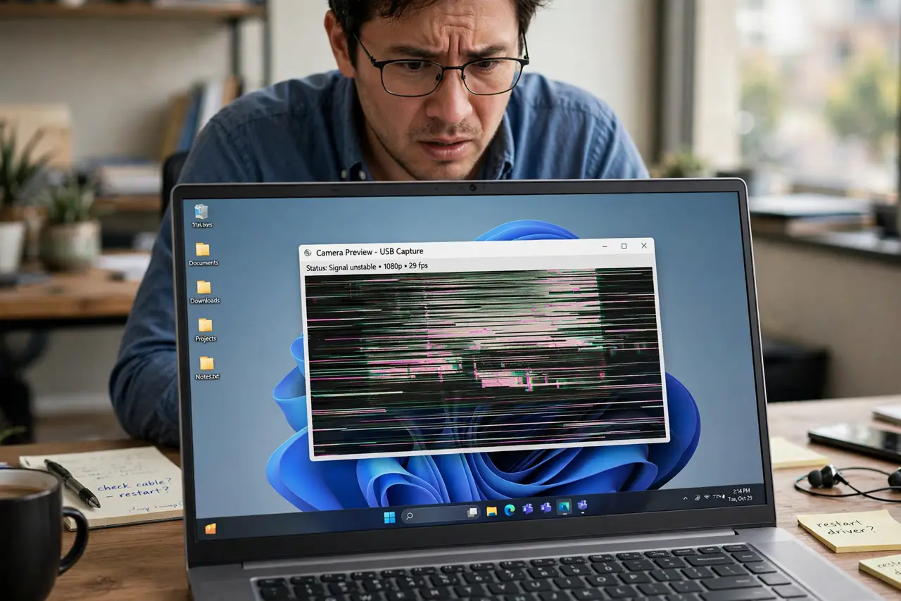 Screen Flickers in Just One App — a puzzled adult at a desk looking at a real laptop where one app window flickers while the rest of the screen