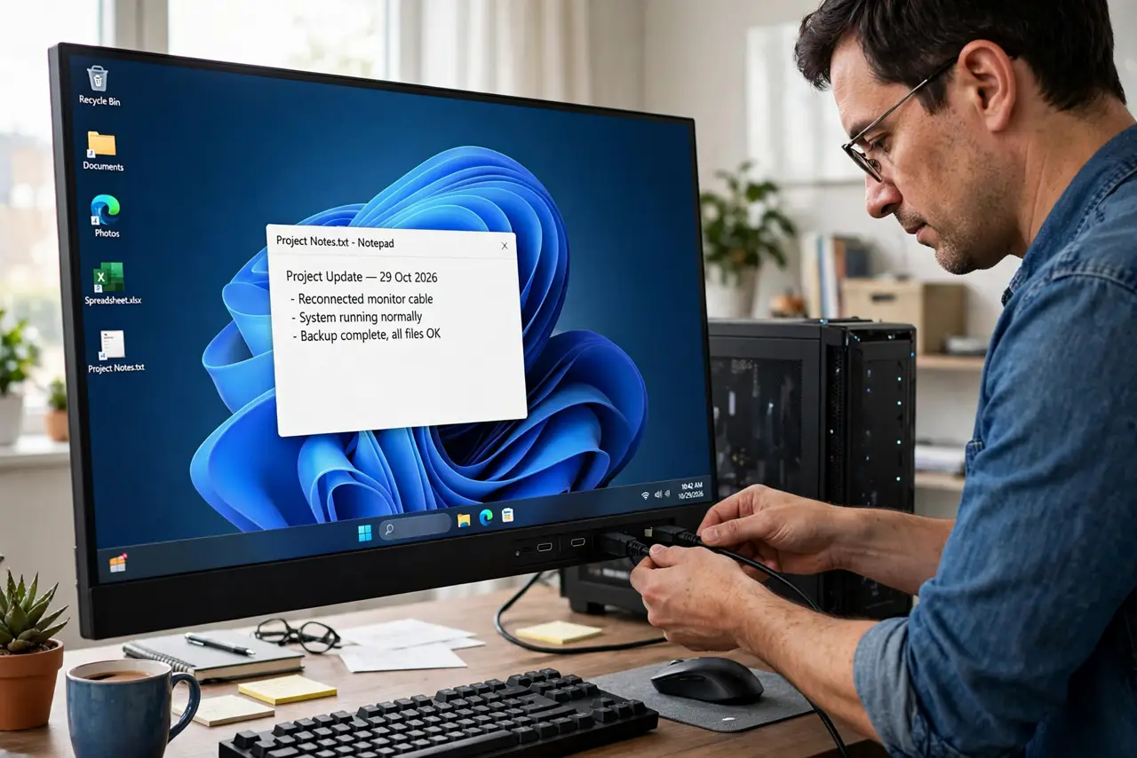 A calm adult reseating a monitor cable, plugging it firmly into the back of the monitor.