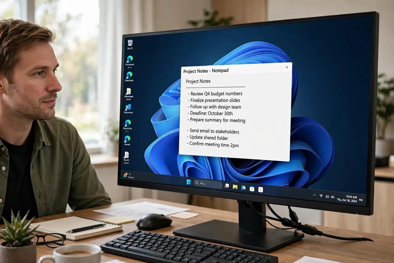 A calm adult at a desk looking at a monitor showing a normal Windows desktop, the cable area visible.