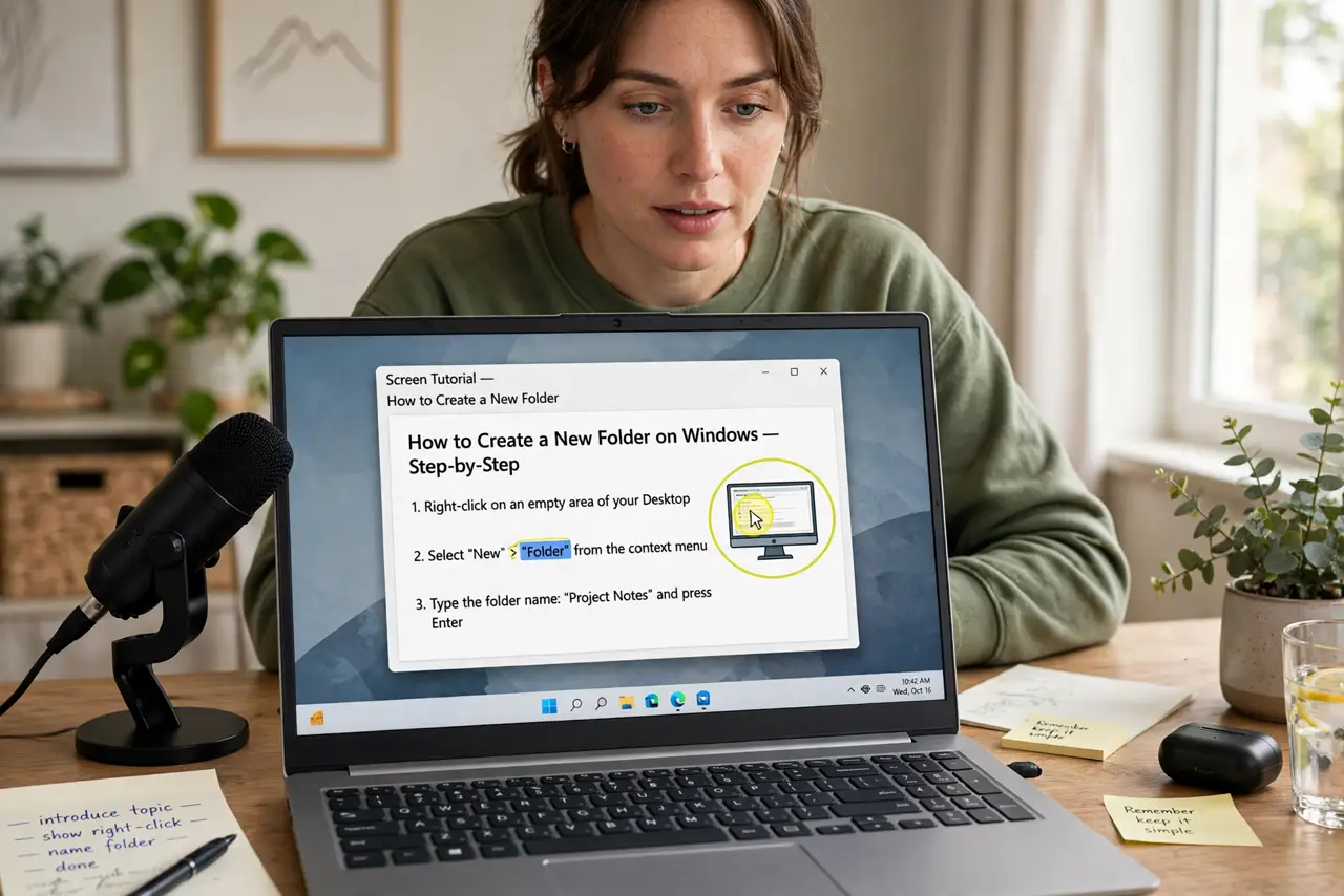 a person recording a screen tutorial on a real laptop showing a legible screen capture with a highlighted cursor, a microphone nearby, the person's face enga...