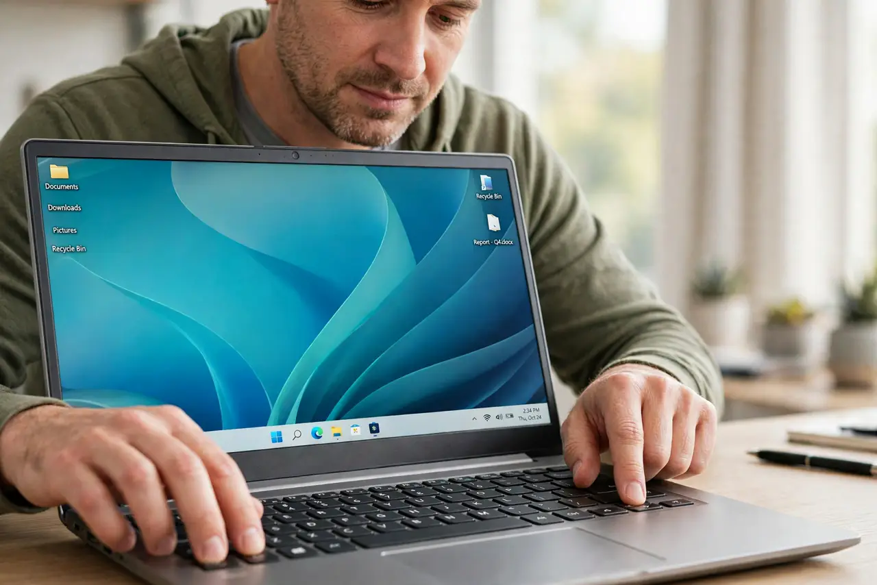 Calm adult pressing Ctrl, Alt and the Up Arrow key on a Windows laptop keyboard