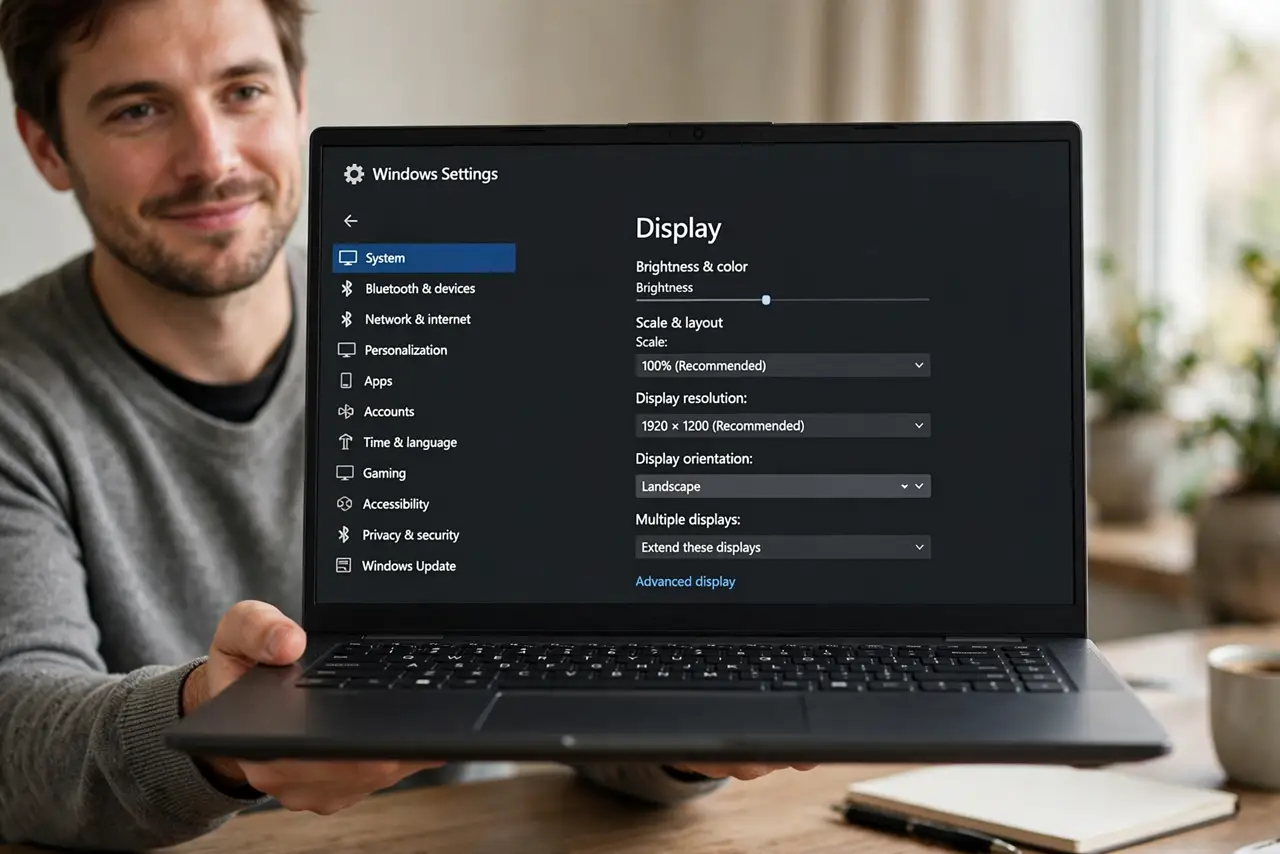 Calm adult holding a Windows laptop toward the viewer with Display settings set to Landscape on screen