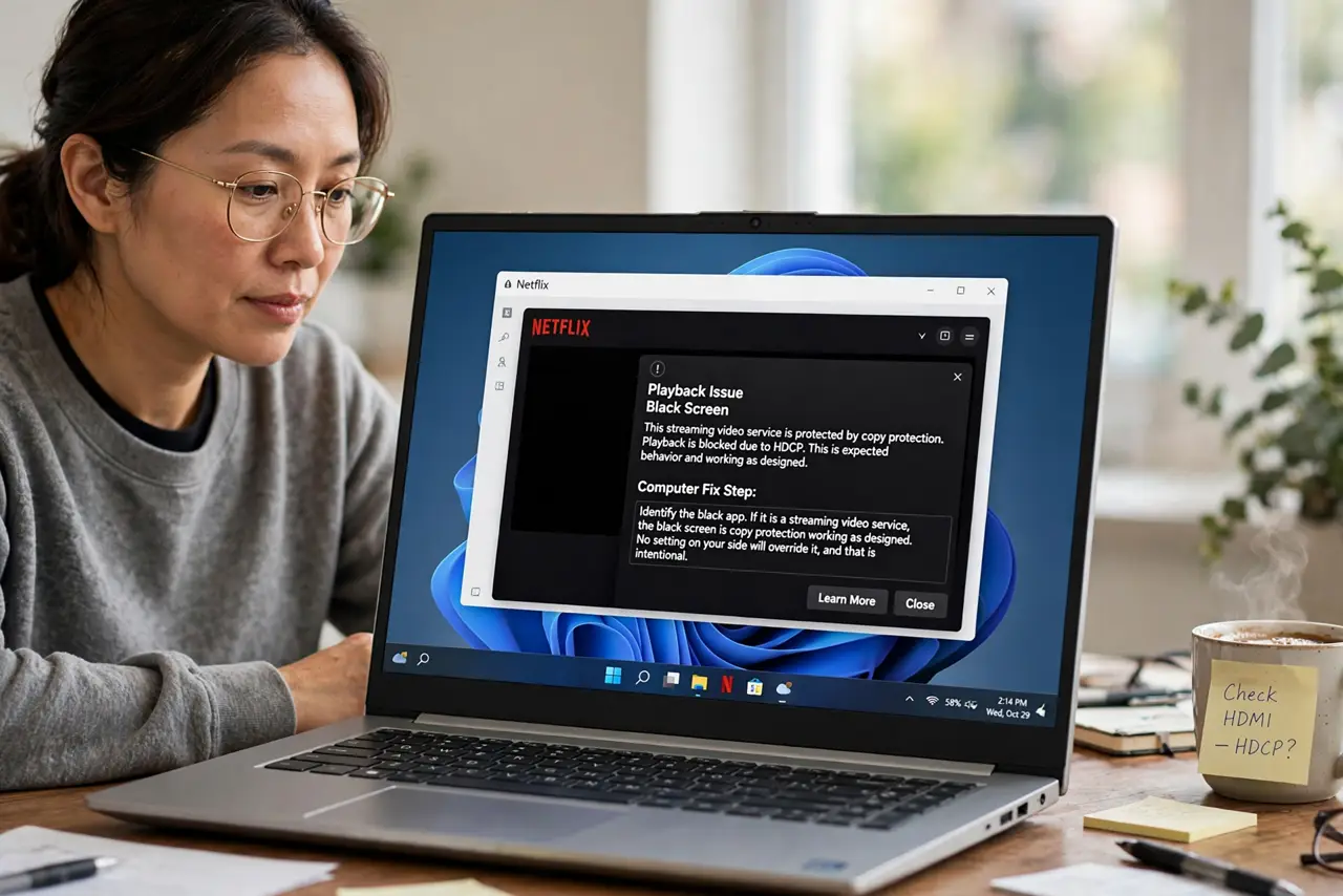 A person performing step 1 of the guide: Identify the black app. If it is a streaming video service, the black screen is copy protection working as designed. No setting on your side will override it, and that is intention...