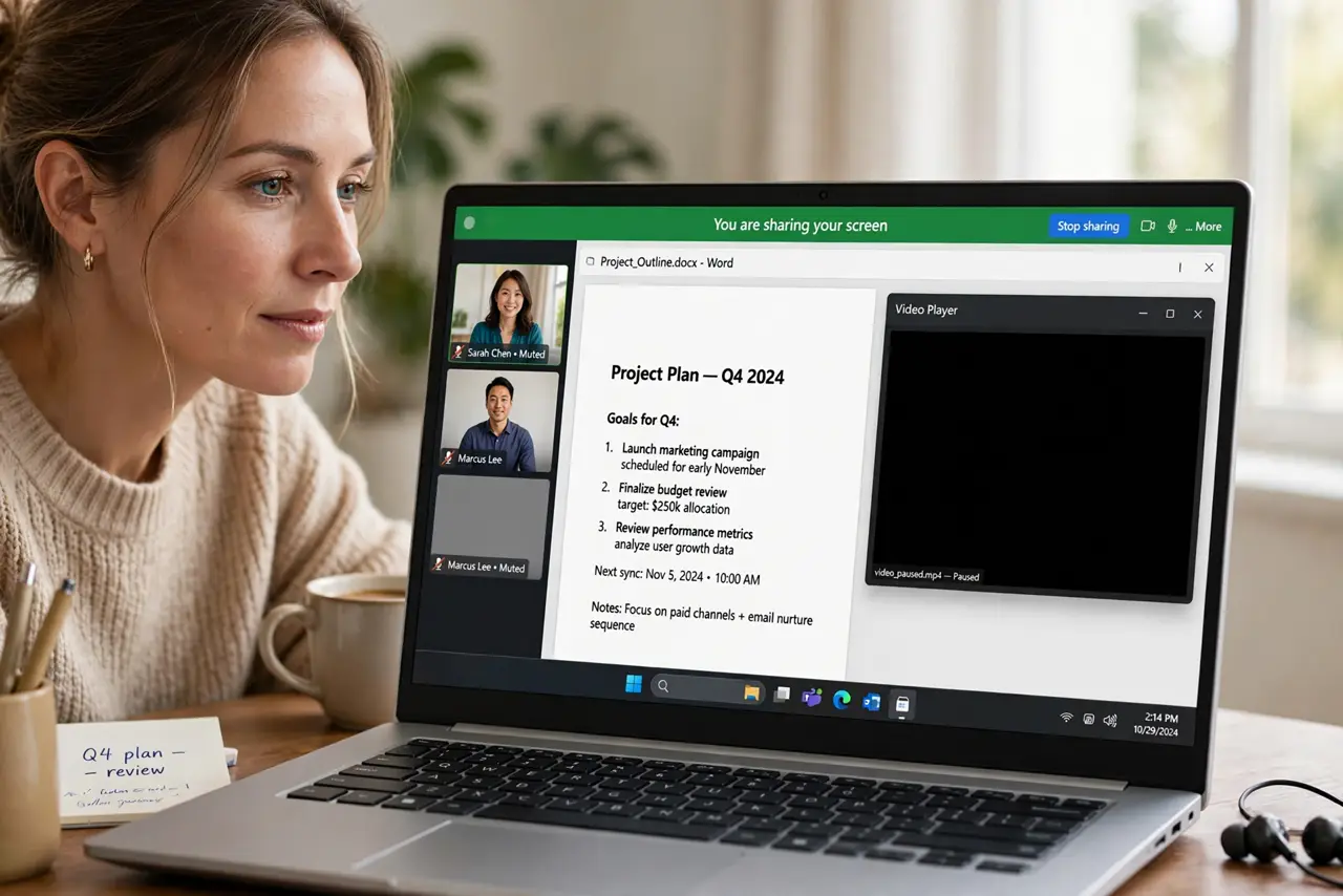a calm adult sharing their screen on a real laptop during a video call, one app window showing black while others display normally, screen content legible. No black screen, no blank white screen, no fake or garbled sc...
