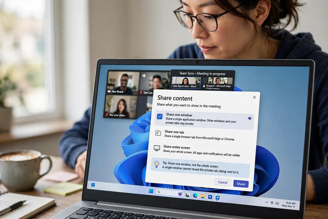 A person performing step 1 of the guide: Share one window, not the whole screen. Choose the share-one-window or share-one-tab option in the meeting app. A single window cannot...
