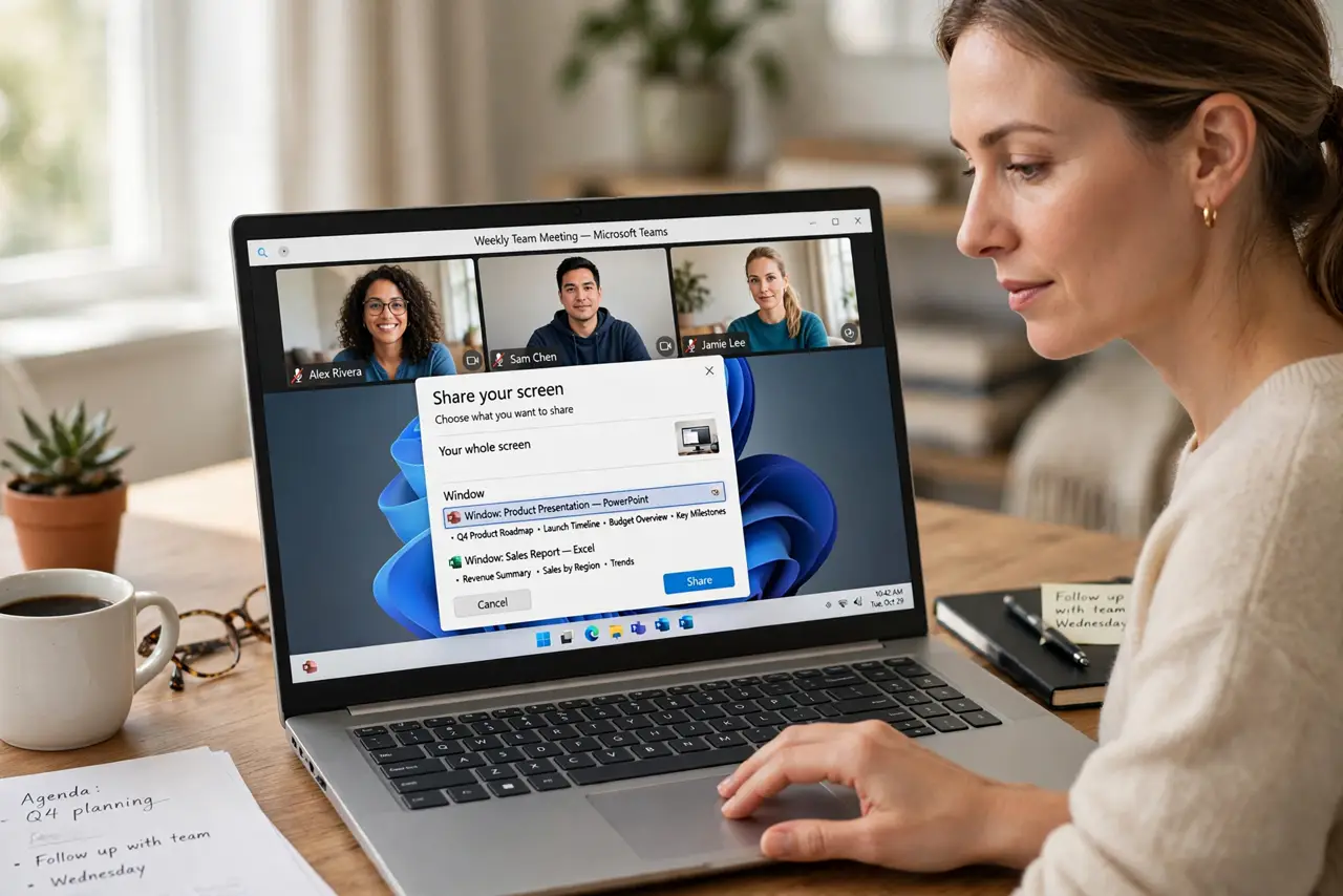 a calm adult at a desk with a real laptop, the screen showing a normal video meeting with a screen-share picker dialog and legible text, the person selecting one window