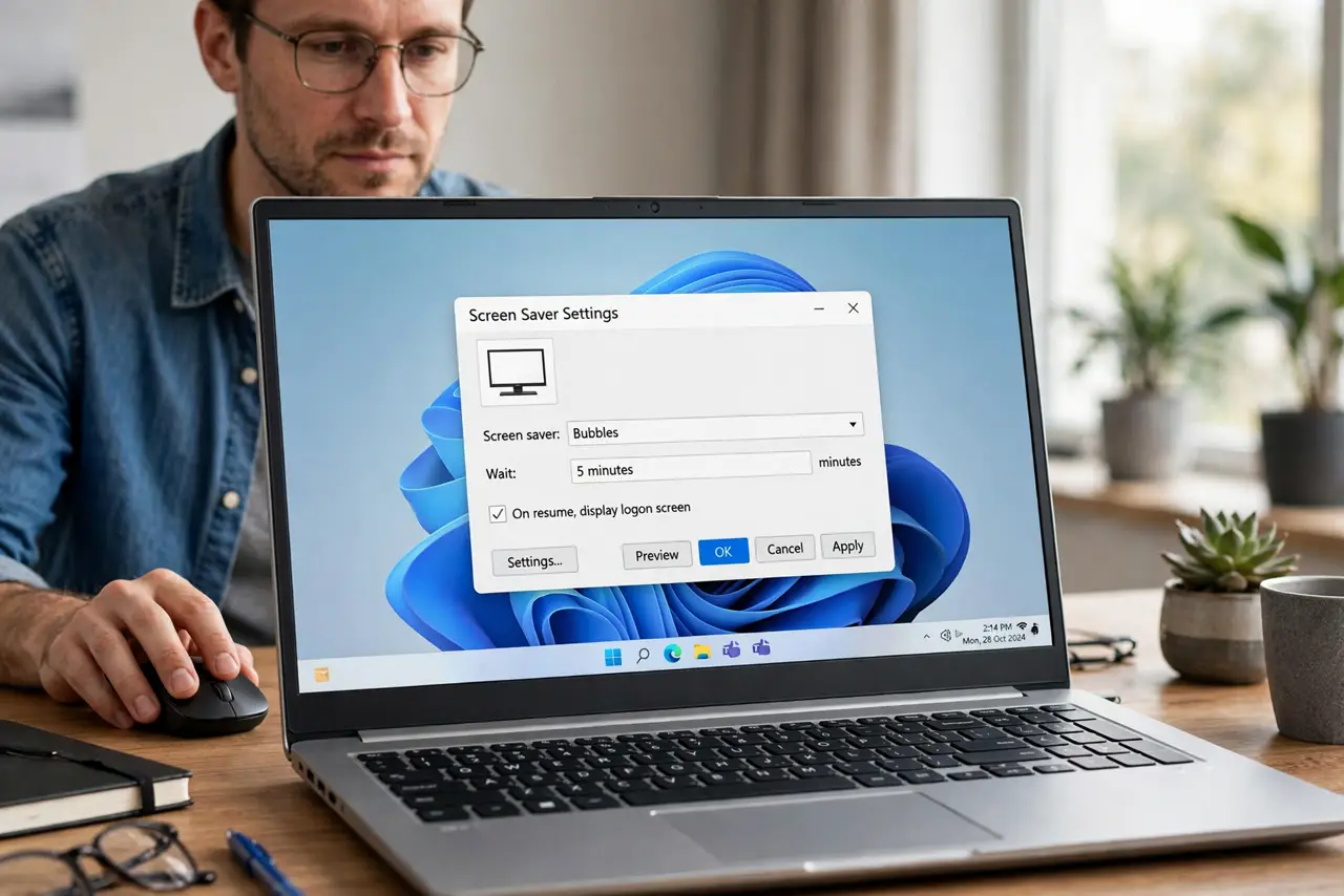 A focused man opening screensaver settings to confirm a screensaver is selected.