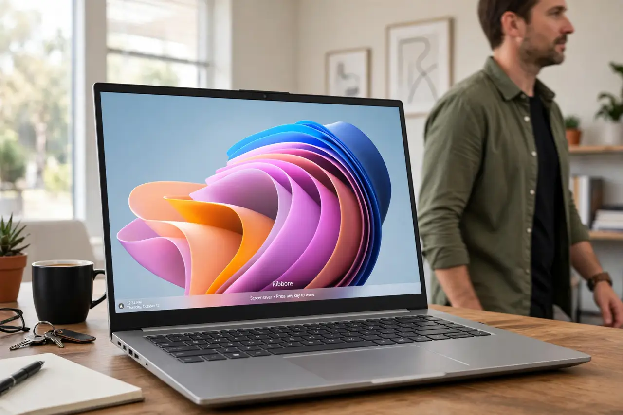 A calm man stepping away from a Windows laptop as the screensaver plays on its screen.