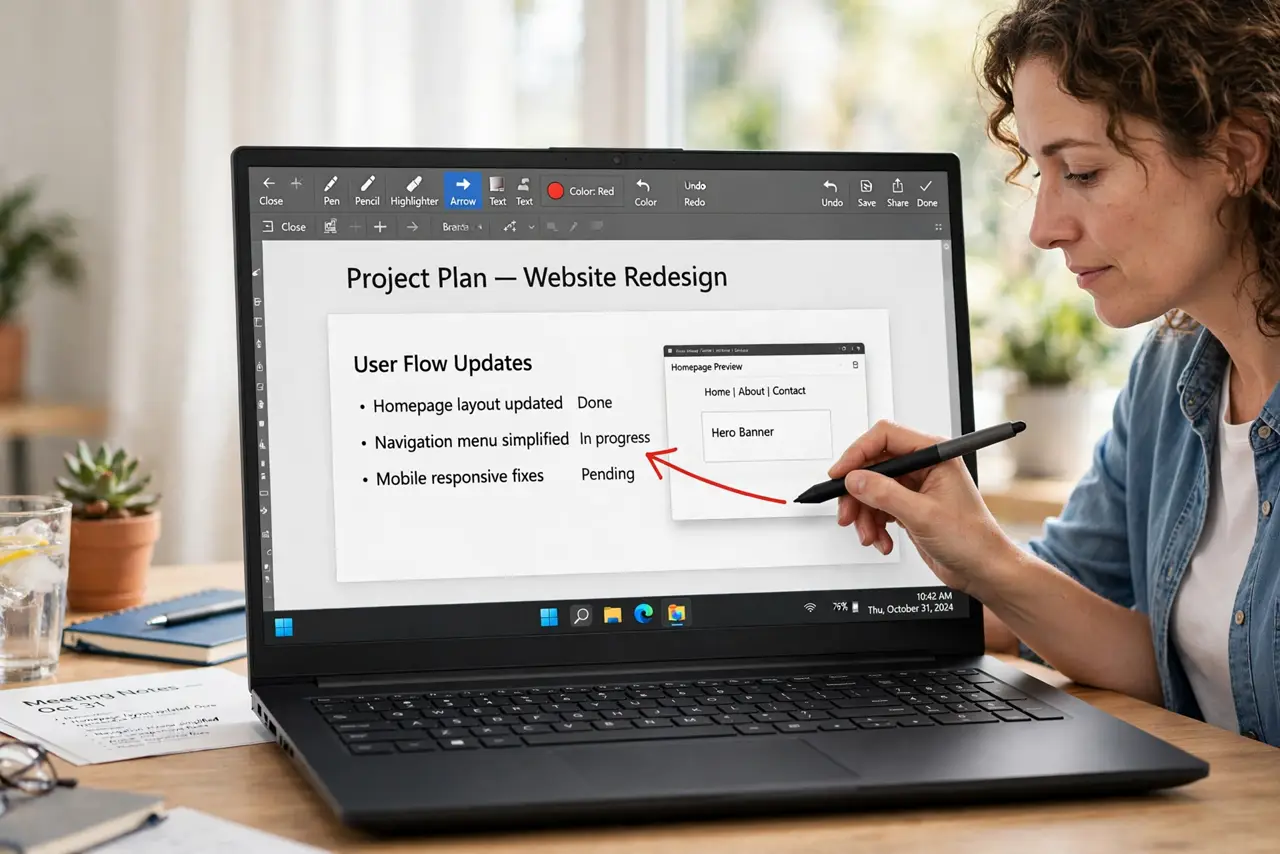 Screenshot and Annotate in Seconds — a calm adult annotating a screenshot with a red arrow on a real laptop, the annotation toolbar with fully legi