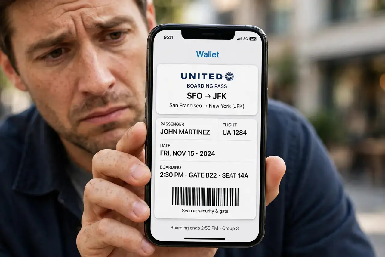 Screenshotted Boarding Pass — a worried adult holding a real iPhone showing a boarding pass with a barcode, the screen fully legible, the pe