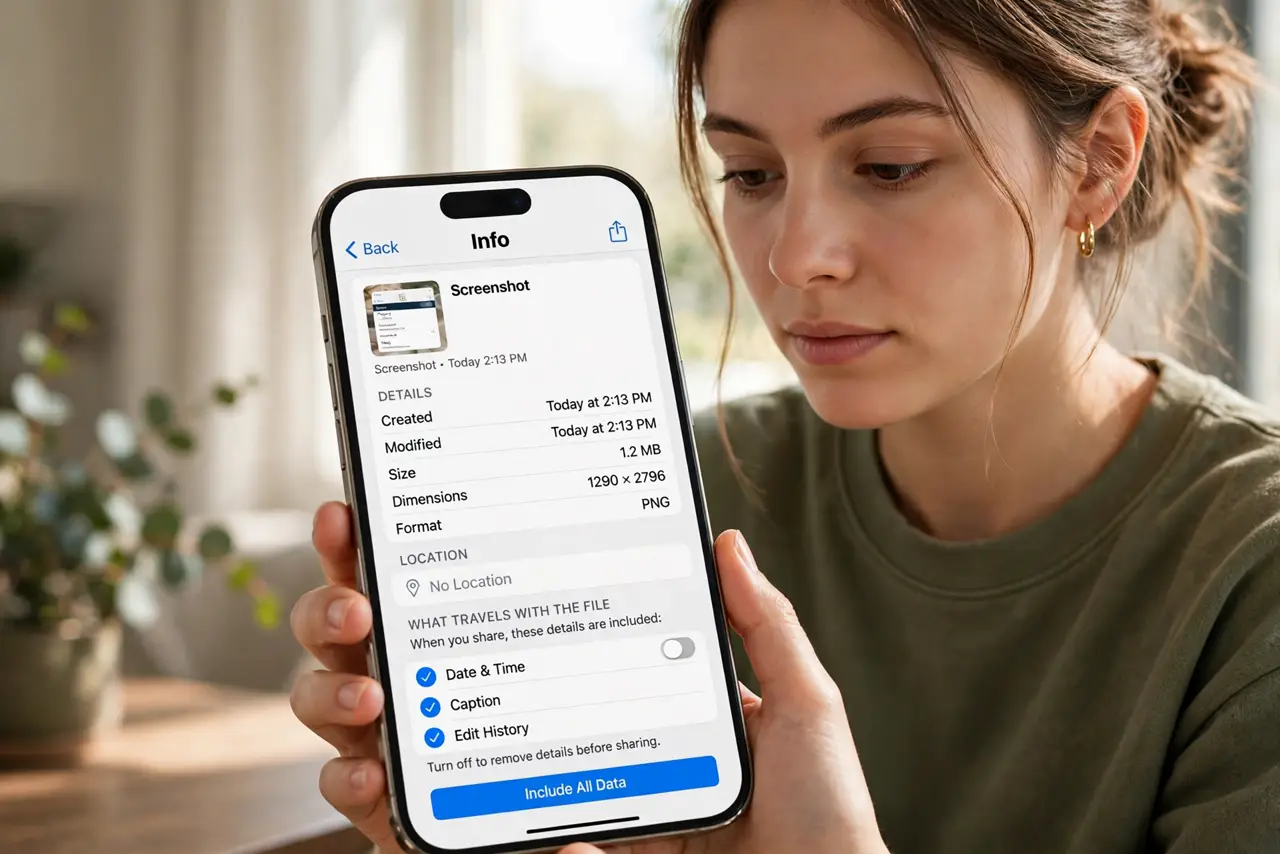 A person performing the first step: Check a screenshot's info. Open the file details the same way you would a photo.