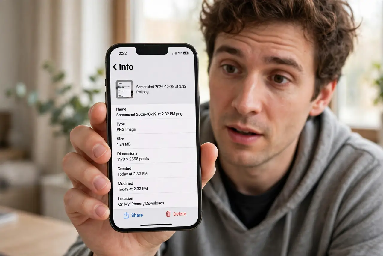 A person holding a real phone showing a screenshot's file info screen with details legible, the person's face curious,