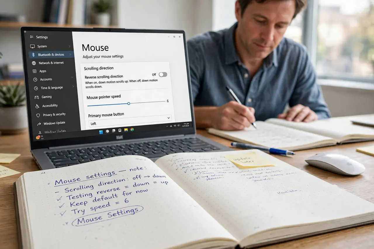 A calm adult with the Mouse settings page open, the scrolling direction option visible on screen.