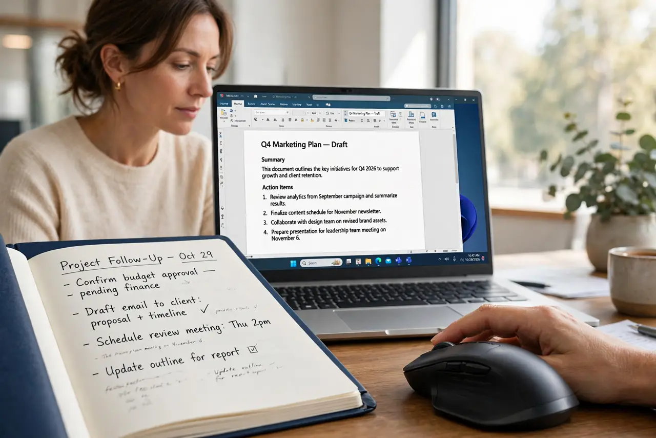 A calm adult at a desk using a mouse with a Windows laptop, a long document open on screen.