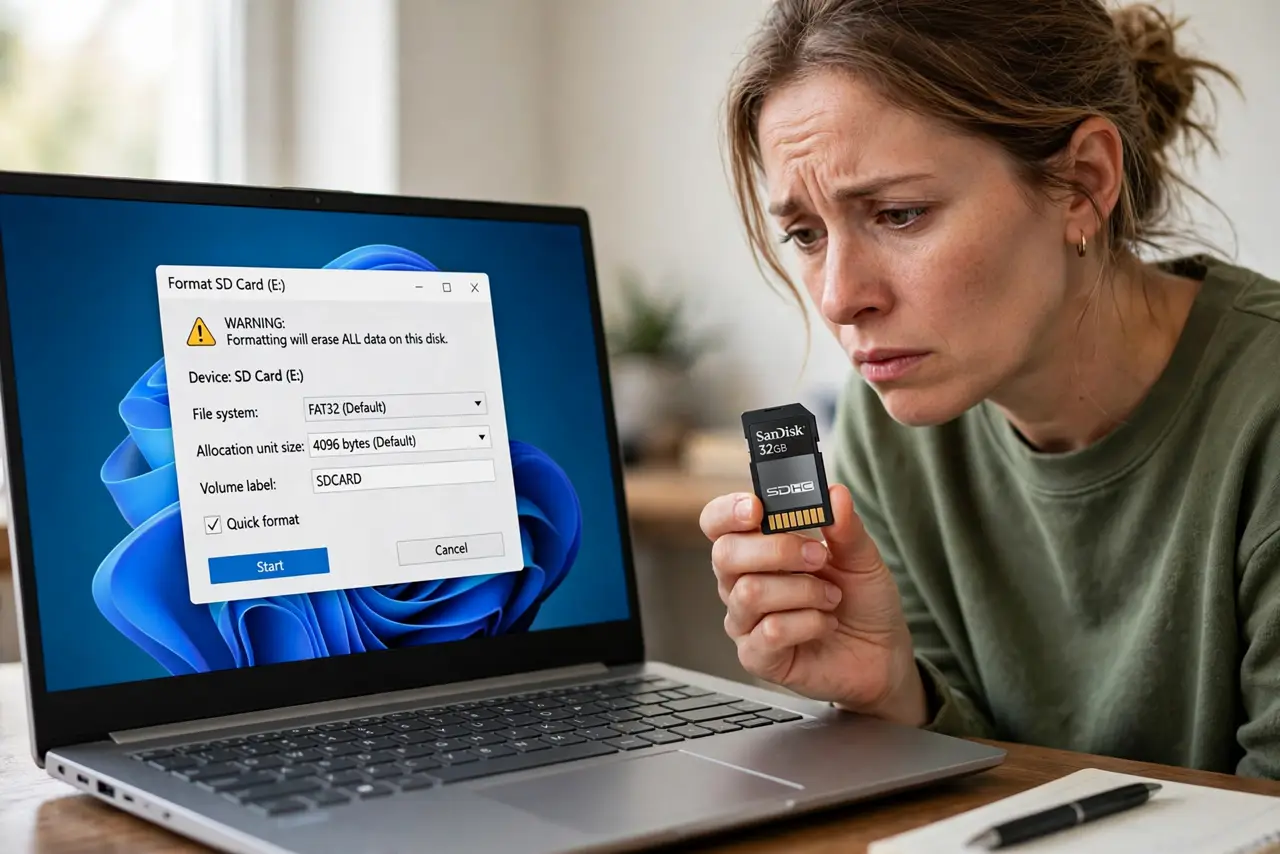 A worried adult holding a real SD card next to a laptop showing a 'format this card' dialog with legible text, the person hesitating before clicking, tense expression.