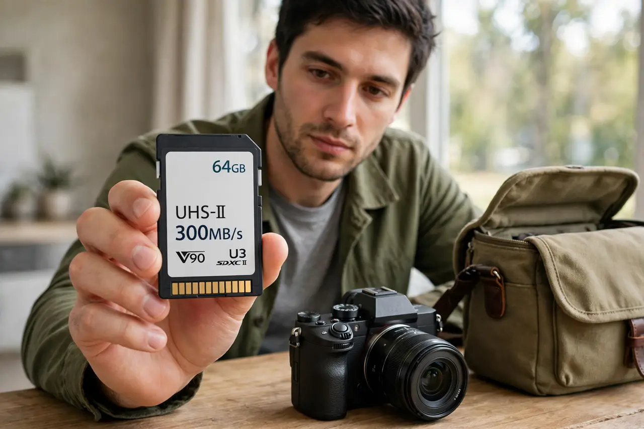a person holding a real SD card next to a real digital camera, the card's speed labels visible, a camera bag on the table, the person's face thoughtful, daylight. No black screen, .