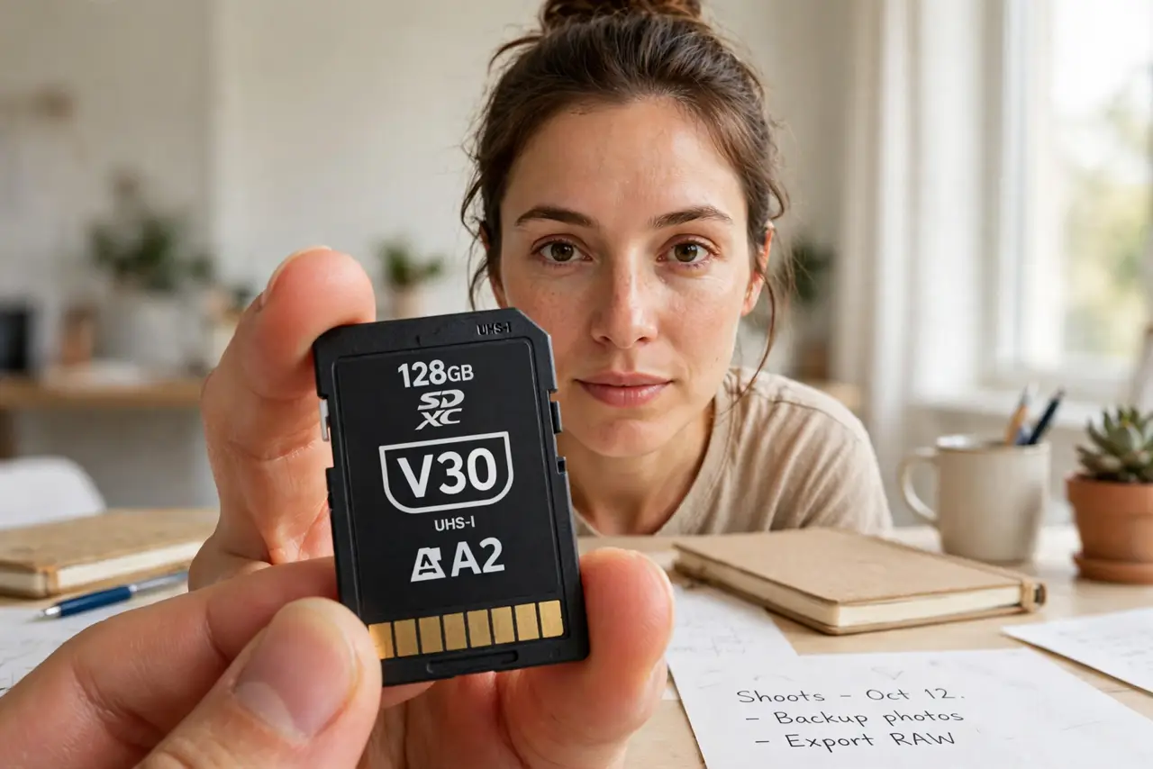 a person holding a real SD card close to the camera with the V30 and A2 ratings legible, the person's face focused, bright desk. No black screen, no blank white screen, no fake or .