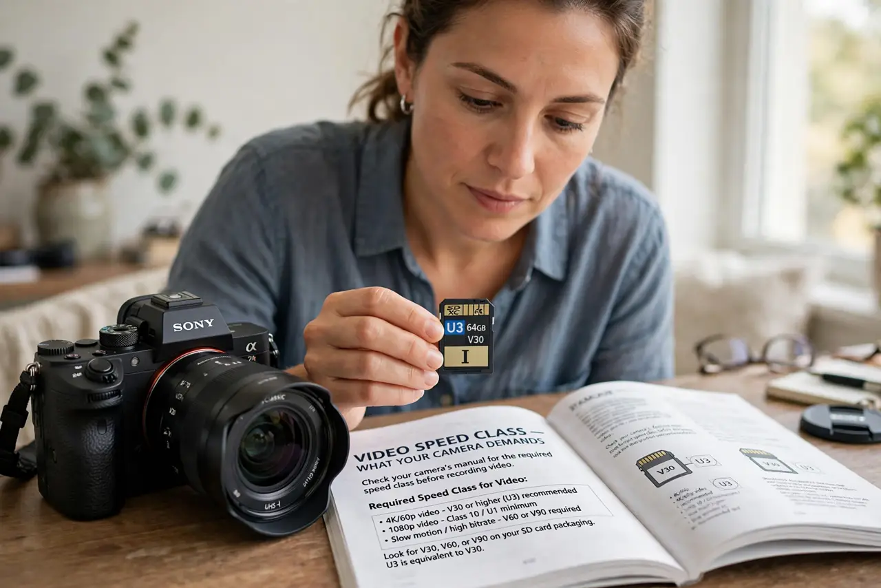 A person performing step 1 of the guide: Check what your camera demands. Open your camera's manual and find the required video speed class. The camera maker tested specific...