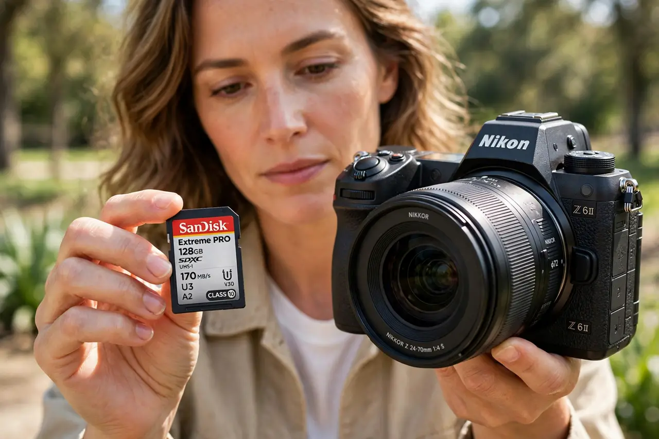 a calm adult holding a real SD card next to a real camera, the card's speed markings clearly visible and legible, the person comparing them in daylight