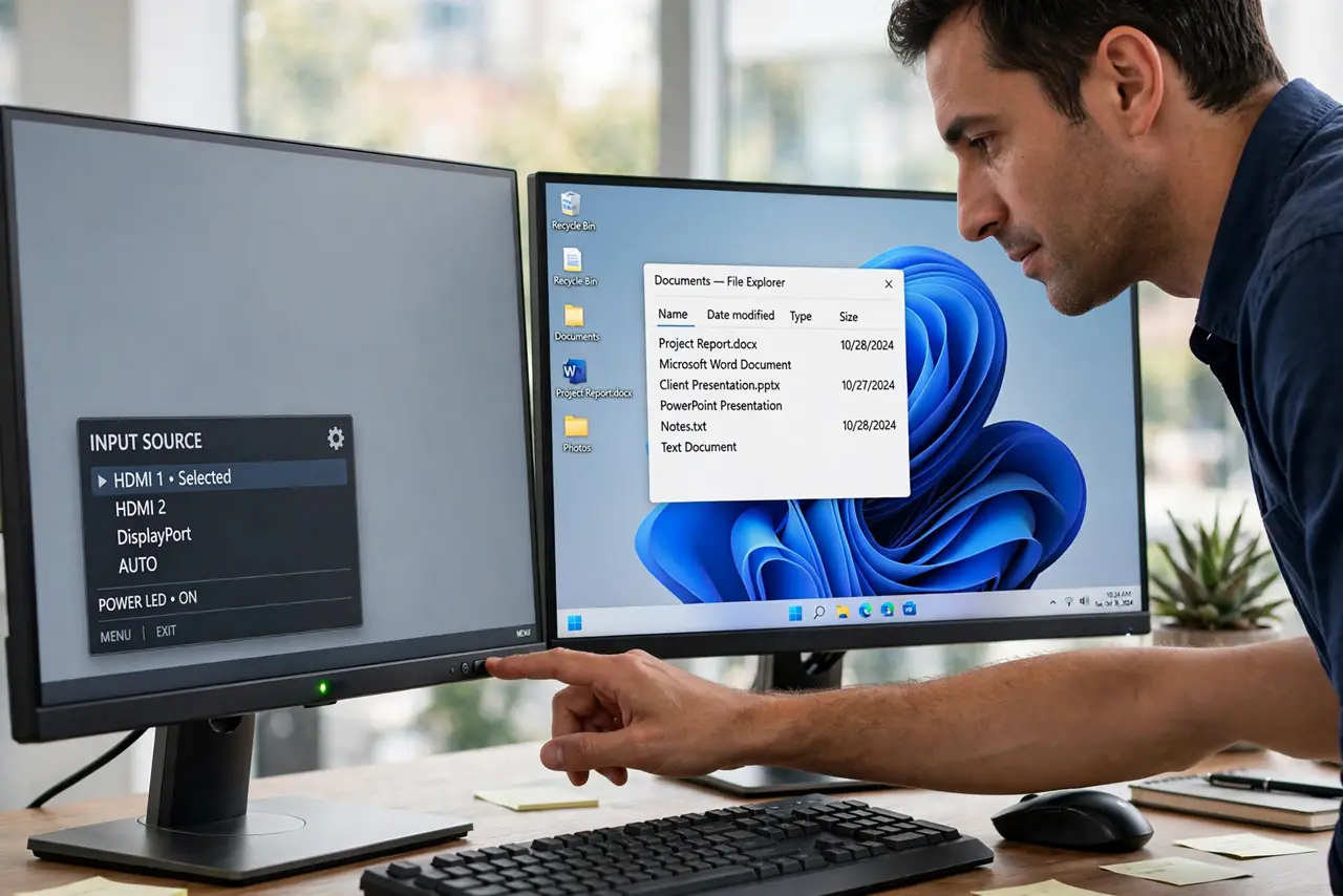 Calm adult pressing the input button on a monitor to check power and input source
