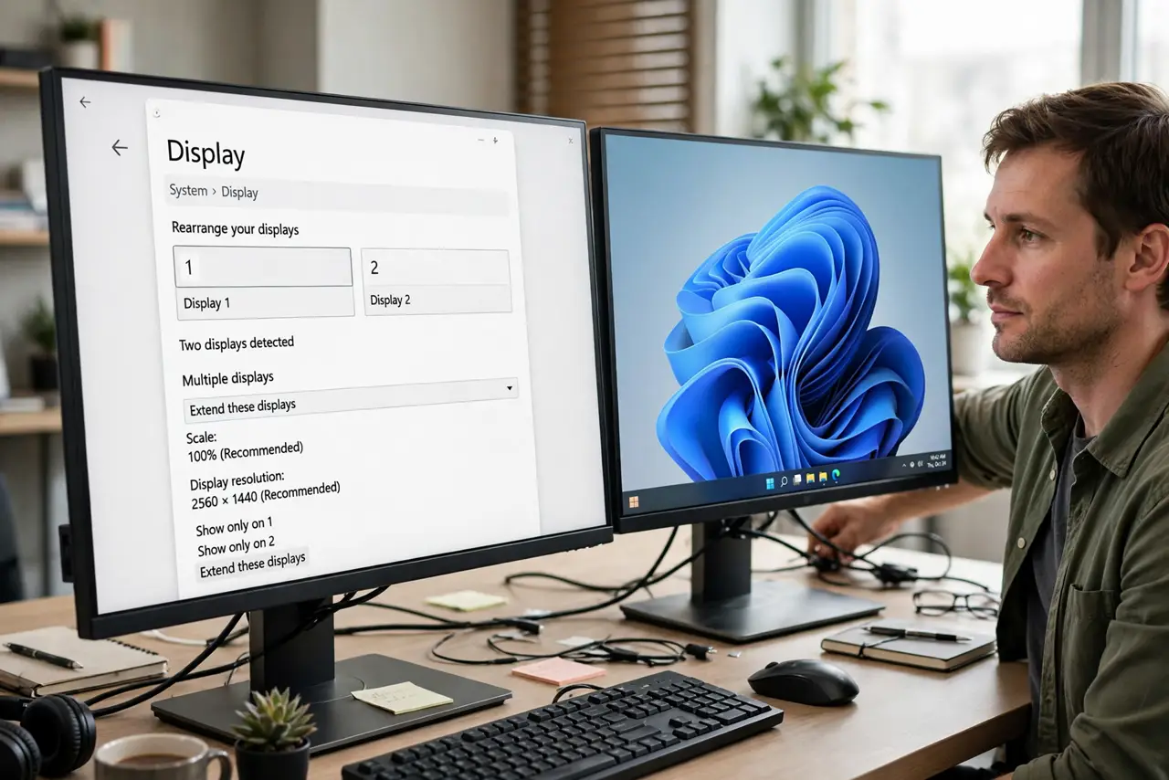 Calm adult at a desk with two monitors, Display settings showing both, checking the cable behind one monitor