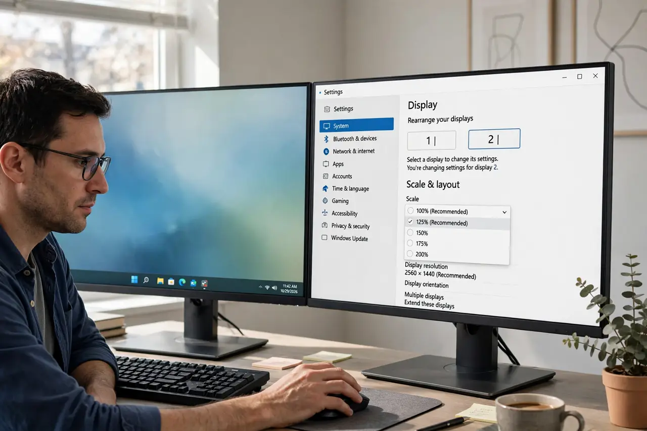 A person performing step 1: Open display settings for each screen.
