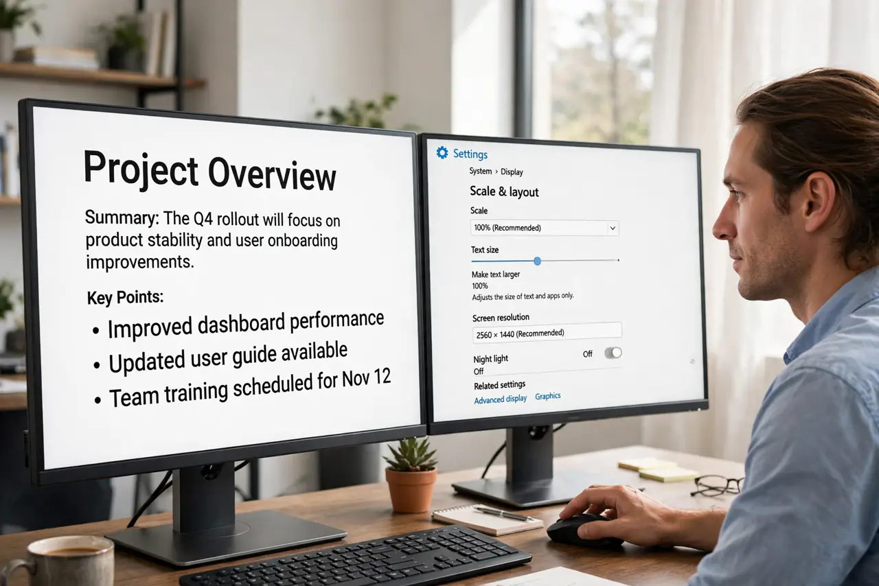 A calm adult at a desk with two real monitors side by side showing the same document at different text sizes, the person adjusting display settings on the main screen with legible text.