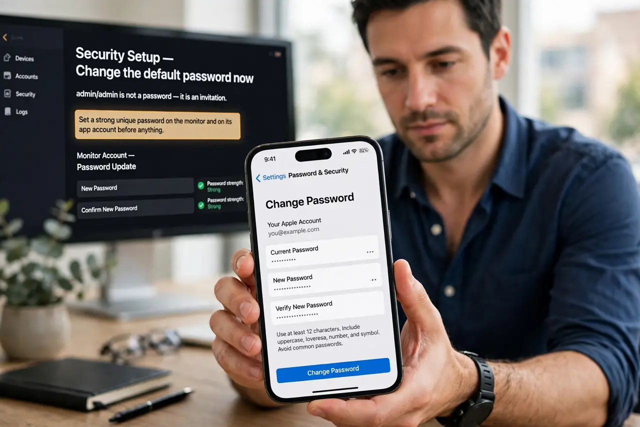 A person performing step 1: Change the default password now. admin/admin is not a password — it is an invitation. Set a strong unique pass.