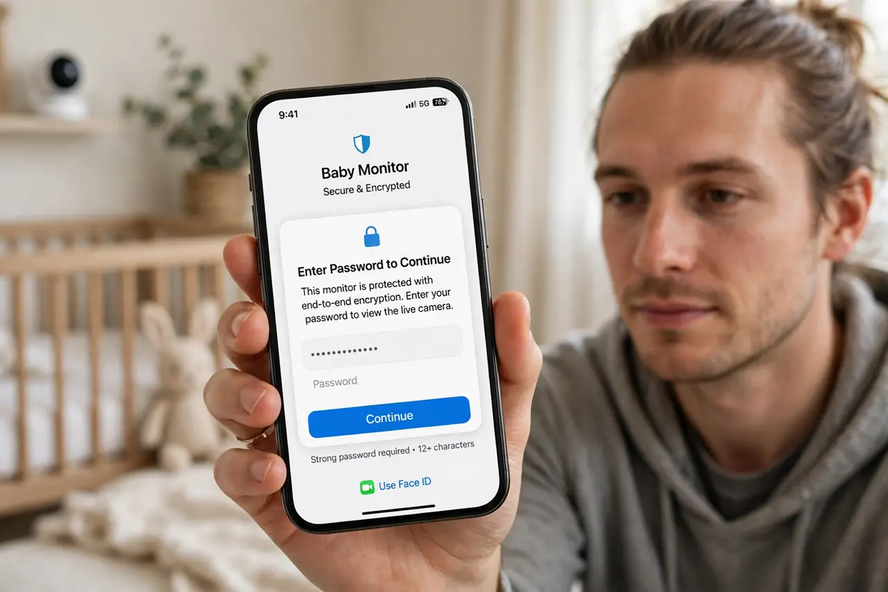 A parent's hand holding a real phone showing a secure baby monitor app with a strong password prompt, a real crib softly blurred in the background nursery, the.