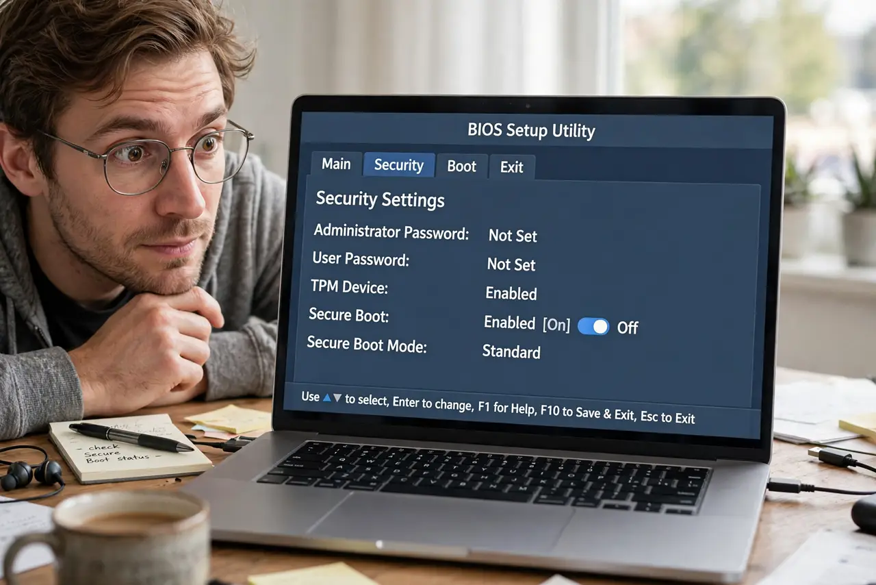 A person looking at a real laptop showing BIOS security settings with a Secure Boot toggle legible, the person's face