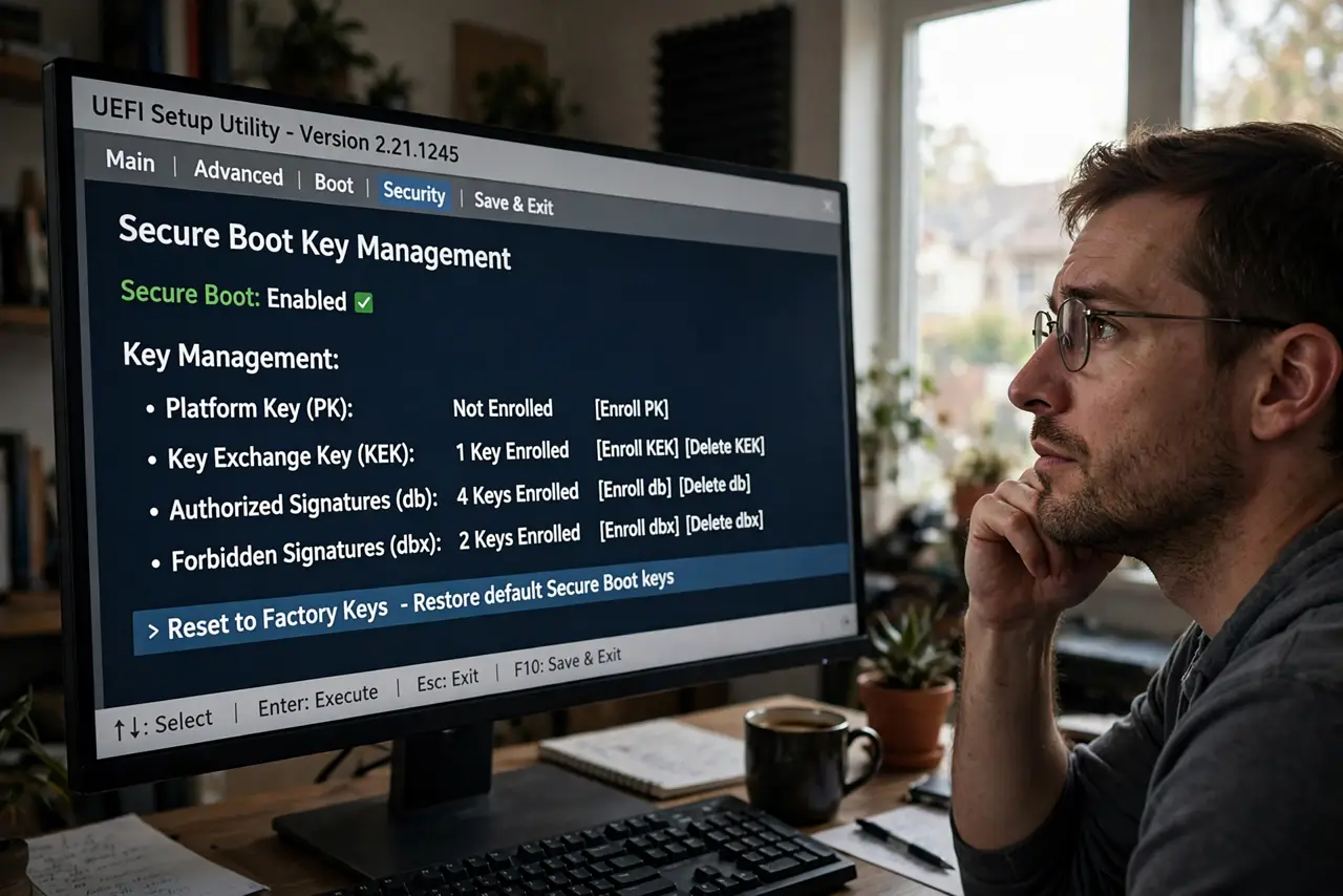 a person looking at a real BIOS/UEFI screen showing Secure Boot key management with legible options, the person's face thoughtful, dim home office. No black screen, no blank white .