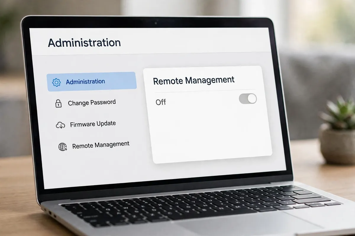 A laptop showing a router Administration screen with Remote Management switched off.